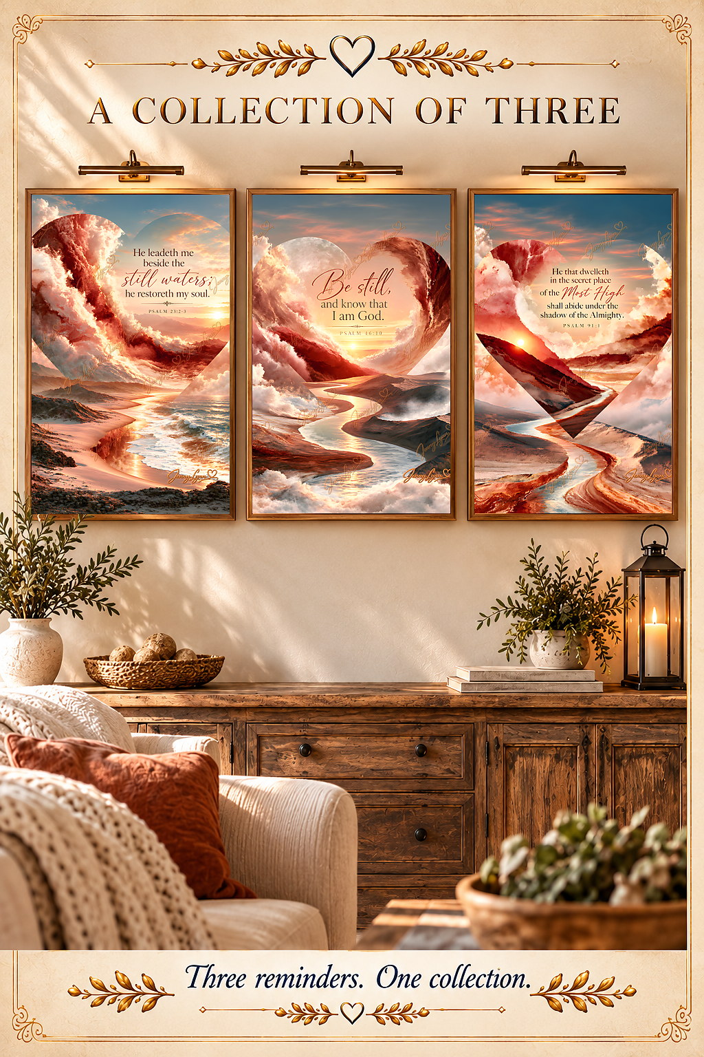 Heart Series Collection | Set of 3 Christian Wall Art | Psalm 23, Psalm 46:10, Psalm 91:1 + Phone & TV/Computer Wallpapers