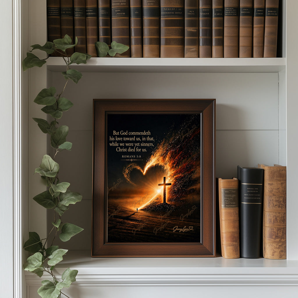 But God Commendeth His Love Toward Us | Romans 5:8 Christian Wall Art + Phone & TV/Computer Wallpaper