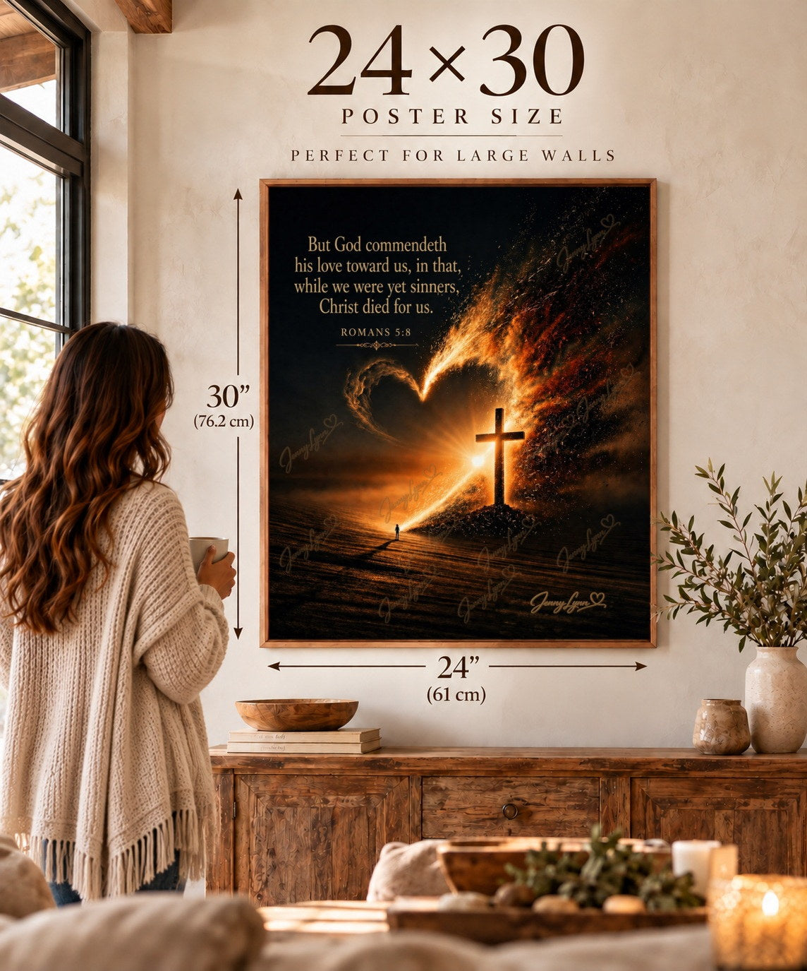 But God Commendeth His Love Toward Us | Romans 5:8 Christian Wall Art + Phone & TV/Computer Wallpaper