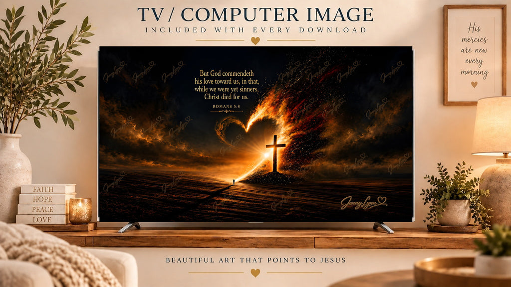 But God Commendeth His Love Toward Us | Romans 5:8 Christian Wall Art + Phone & TV/Computer Wallpaper