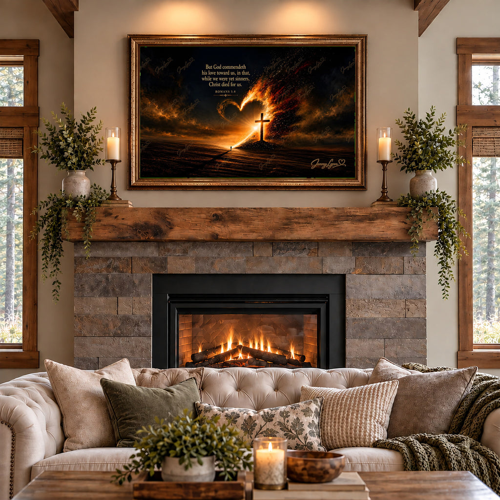 But God Commendeth His Love Toward Us | Romans 5:8 Christian Wall Art + Phone & TV/Computer Wallpaper