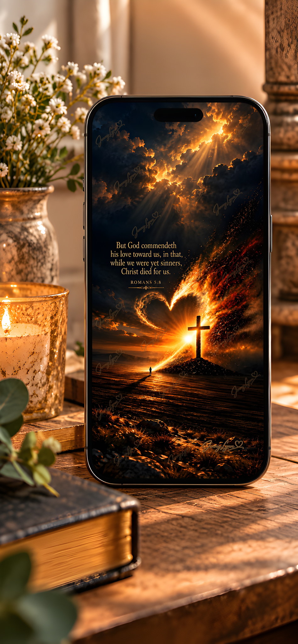 But God Commendeth His Love Toward Us | Romans 5:8 Christian Wall Art + Phone & TV/Computer Wallpaper