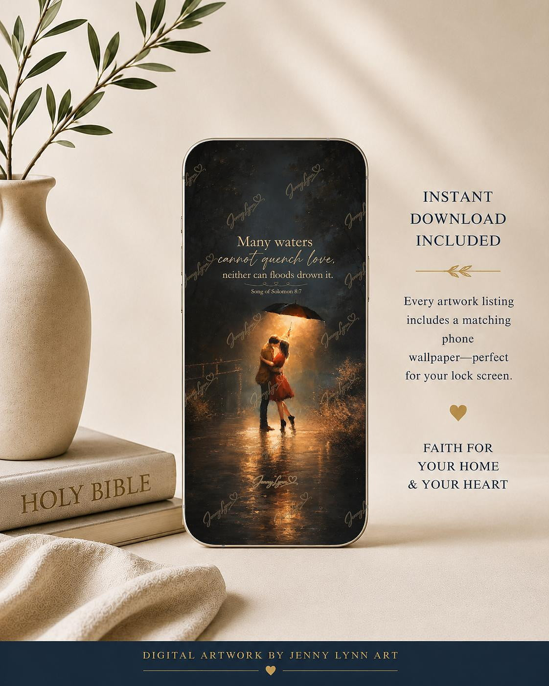 Many Waters Cannot Quench Love | Song of Solomon 8:7 Christian Wall Art + Phone & TV/Computer Wallpaper