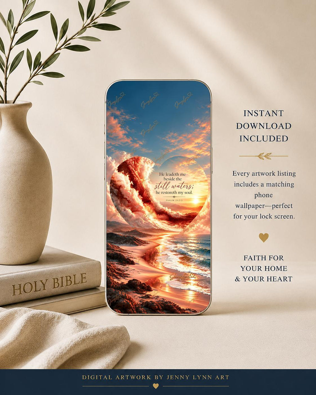 He Leadeth Me Beside the Still Waters | Psalm 23 Christian Wall Art + Phone & TV/Computer Wallpaper
