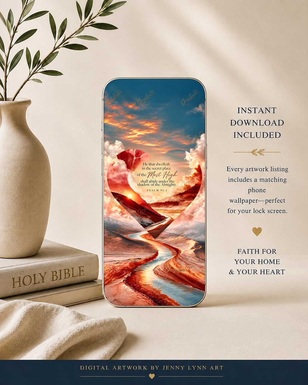 Heart Series Collection | Set of 3 Christian Wall Art | Psalm 23, Psalm 46:10, Psalm 91:1 + Phone & TV/Computer Wallpapers